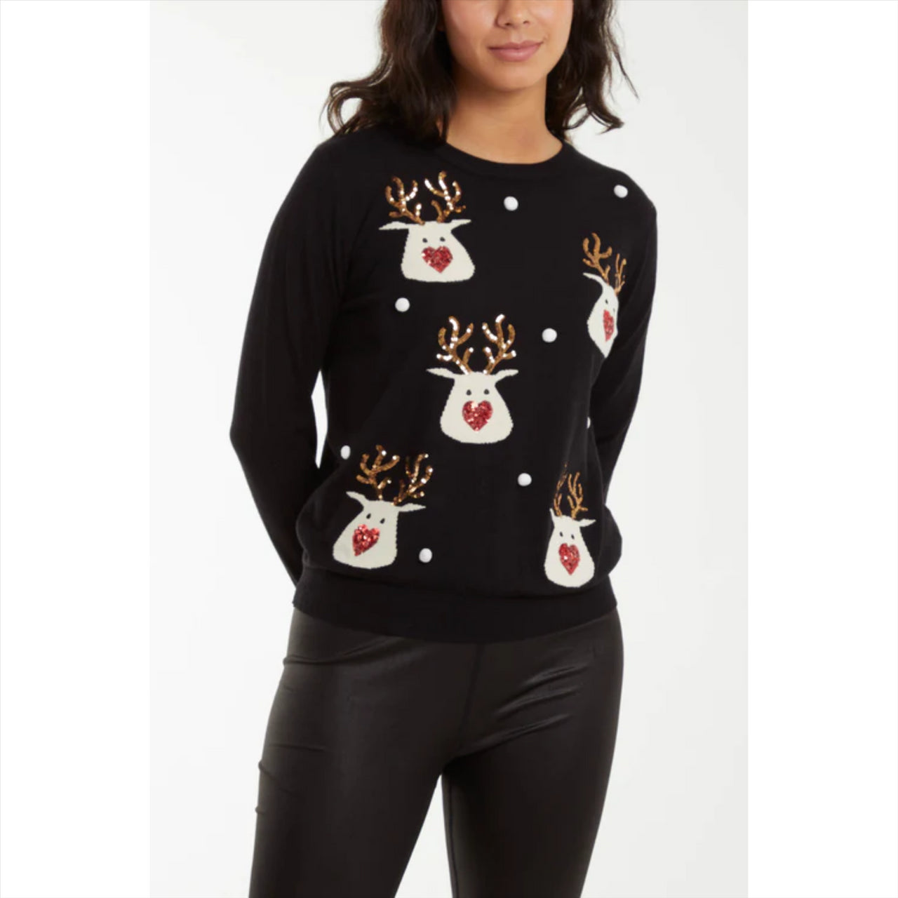 Christmas Reindeer Pom Pom Christmas Jumper | Black