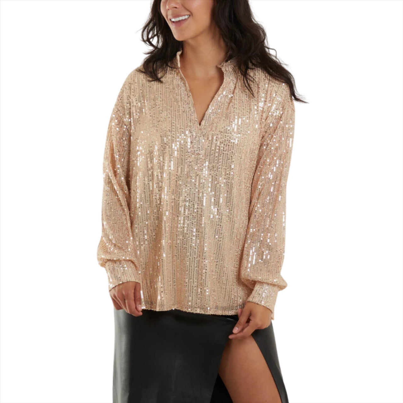 Grandad Collar Popover Sequin Blouse | Rose Gold