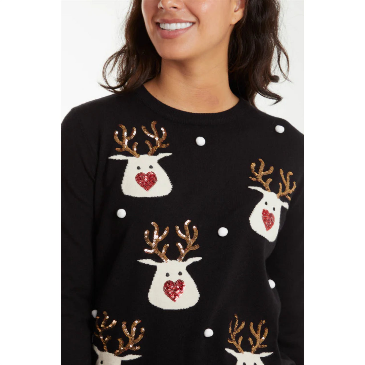 Christmas Reindeer Pom Pom Christmas Jumper | Black