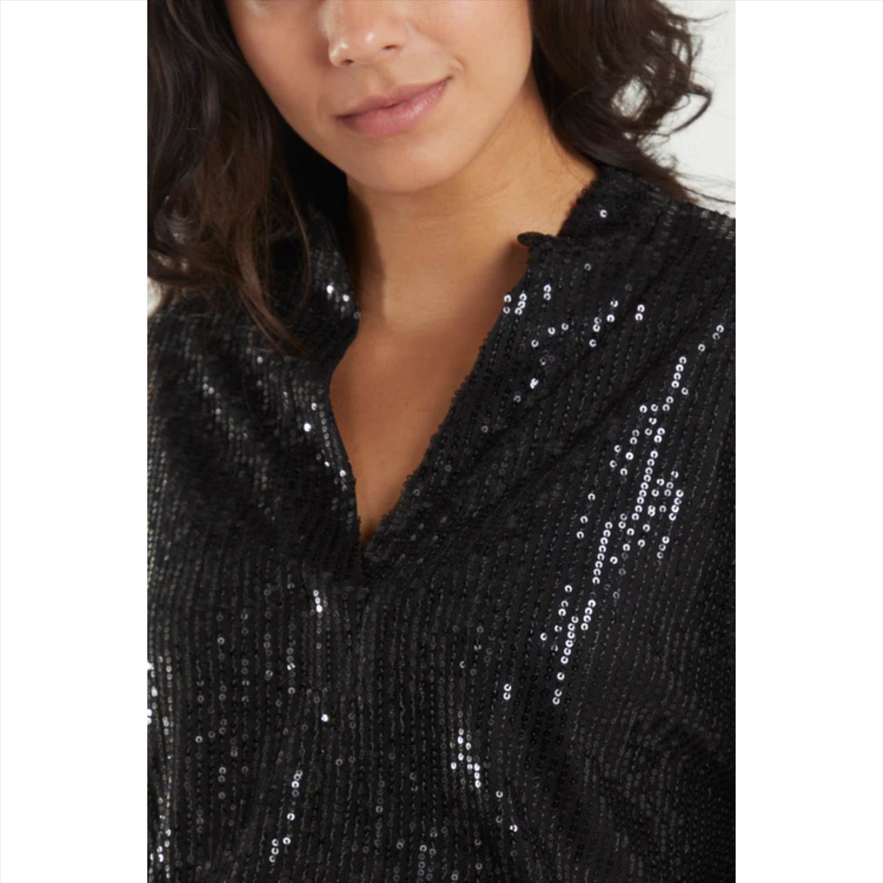 Grandad Collar Popover Sequin Blouse | Black