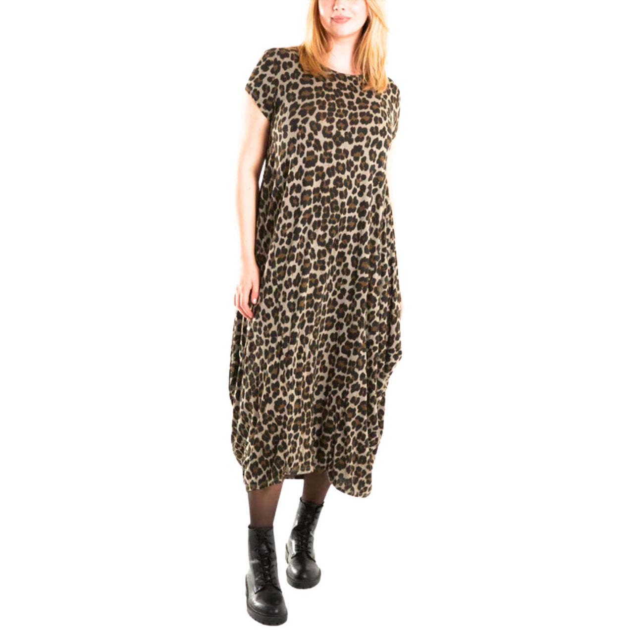 Leopard Print Cap Sleeve Parachute Dress | Stone | One Size