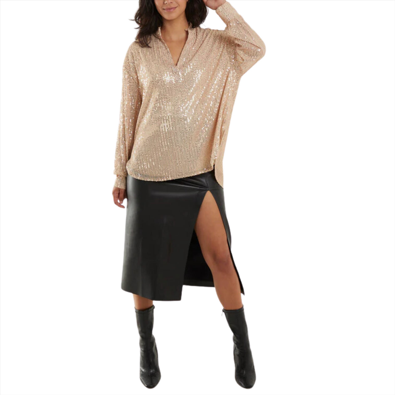 Grandad Collar Popover Sequin Blouse | Rose Gold